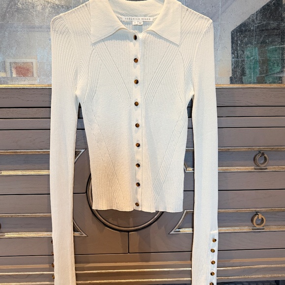 Veronica Beard White Fiola Ribbed Long Sleeve Slim Cardigan XS - Picture 1 of 4